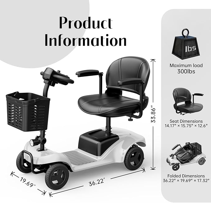 Mobility Scooter for Adults,4 Wheel Mobility Scooter,28 Miles Range,300LBS Capacity,Lightweight and Portable,with LED Headlights and Basket,Charger Included,Gifts Suitable for Elders,Silver