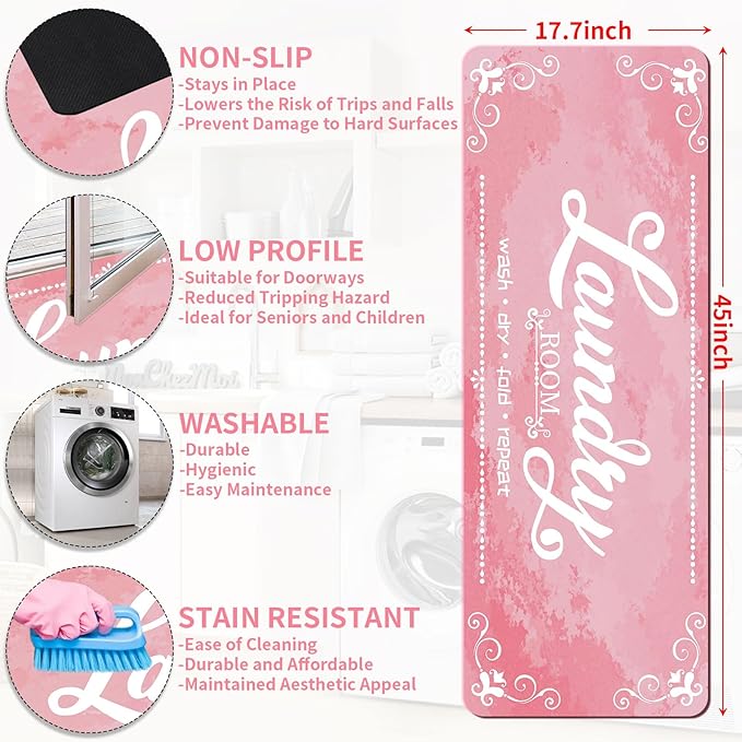 XLHOMO Laundry Room Rugs and Mats, 17.7"x45" Pink Laundry Room Rug Runner Non Slip, Washable Anti Fatigue Laundry Floor Mat for Mudroom, Kitchen, Washroom, Bathroom, Hallway, Entryway Carpet Decor