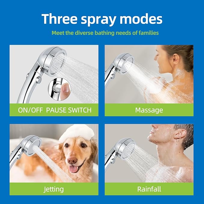 High Pressure Handheld Shower Head with ON/OFF Pause Switch 3 Spray Modes Water Saving High Pressure Shower Heads,Detachable Showerhead Equipped