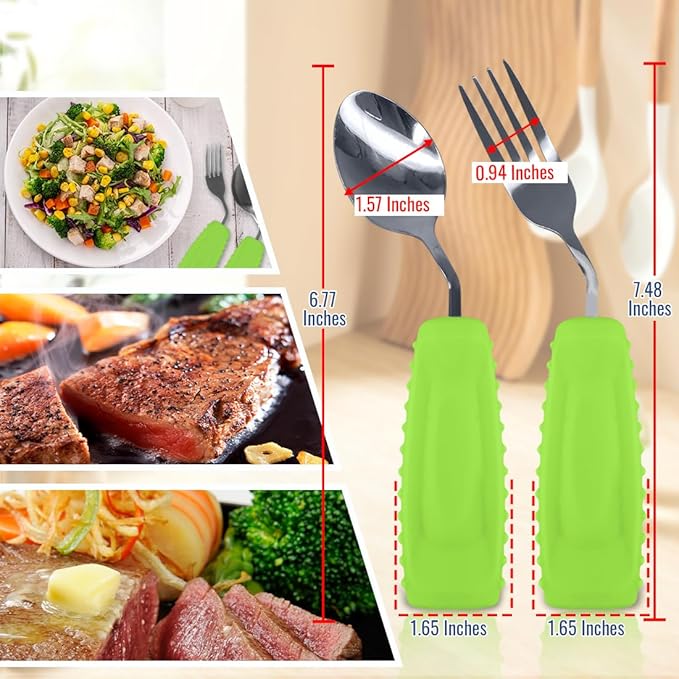Adaptive Utensils Set – Ergonomic Angled Fork & Spoon for Parkinson's, Tremors, and Stroke Recovery – Weighted Utensils for Hand Tremors, Non-Slip Silicone Grip, Dishwasher Safe