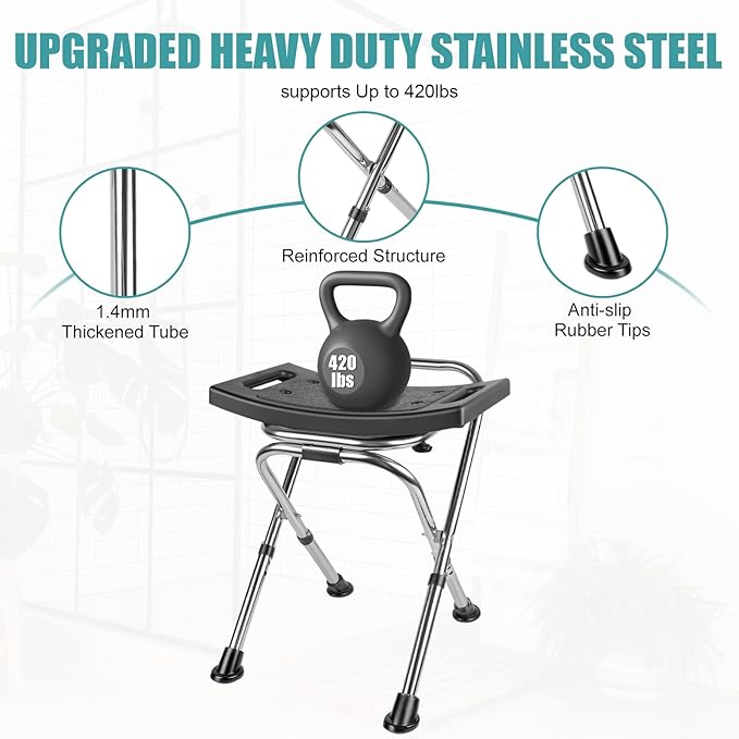 Folding Shower Chair Seat,Height Adjustable Shower Chair Seat,Stainless Eligible Shower Chair for Inside Shower,400lbs Portable Travel Shower Stool,Safety Anti-Slip Bath Chair for Seniors(Black)
