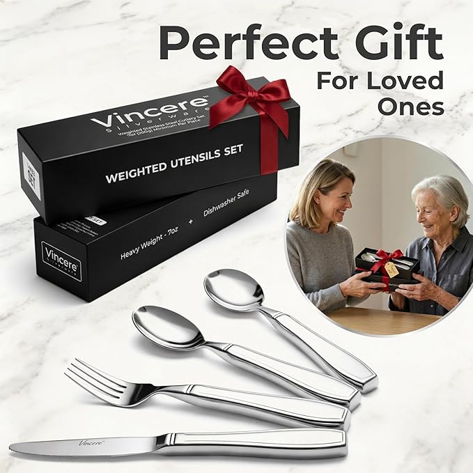 Weighted Utensils for Tremors and Parkinsons, Heavy Weight Stainless Steel Silverware Set, Adaptive Eating Flatware Helps Hand Tremors, Parkinsons Aids for Living, Arthritis - Knife, Fork, Spoons, 7oz