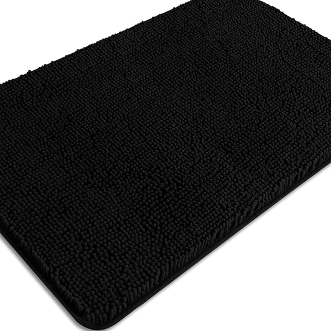 Black Bathroom Rug – Absorbent and Washable Bath Mat, Non-Slip, Thick Soft Chenille Bath Rugs for Bathroom Floor, Shower, Sink - 24" x 36"