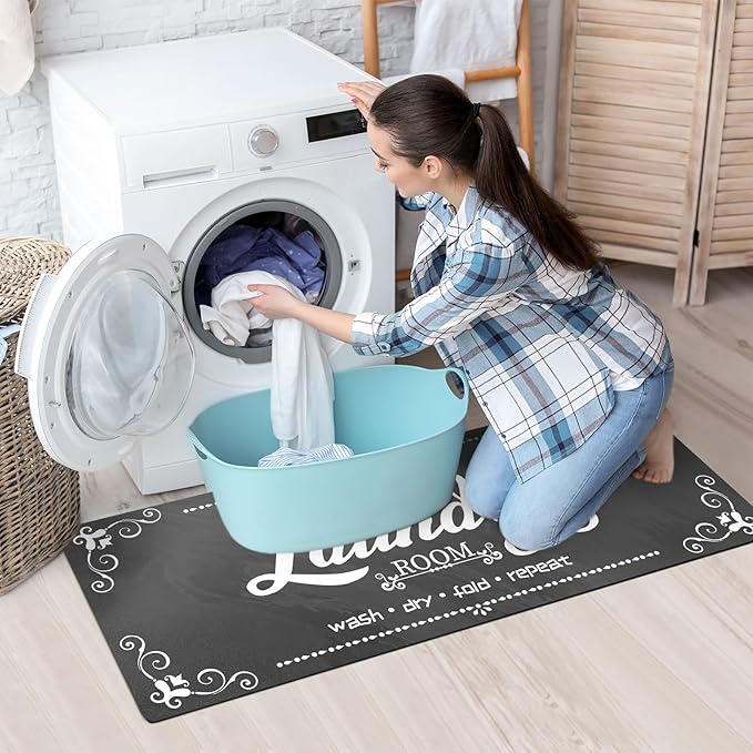 Laundry Room Rug Runner, 17.7"x45" Non Slip Grey Laundry Rugs, Farmhouse Washable Floor Laundry Mats for Laundry Room, Mudroom, Kitchen, Washroom, Bathroom, Hallway Entryway Area Rugs Decor