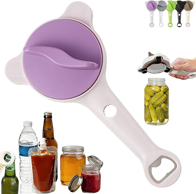 4-in-1 Adjustable Jar Opener for Seniors with Arthritis – Stainless Steel Lid & Bottle Opener, Ergonomic Easy Grip, Fits 1–4 Inch Caps, Heavy Duty Kitchen Can Opener Tool (Purple)