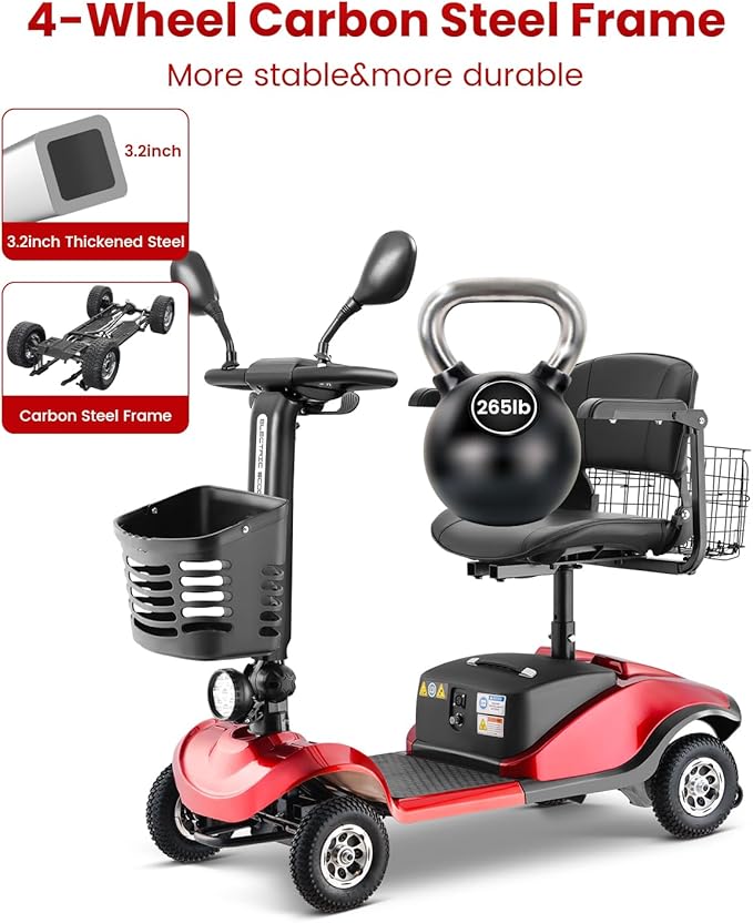 4 Wheel Compact Mobility Scooter for Seniors and Adults,Foldable Electric Scooter, Heavy Duty Travel Model with Lights, Basket, and Long-Lasting Battery208 red