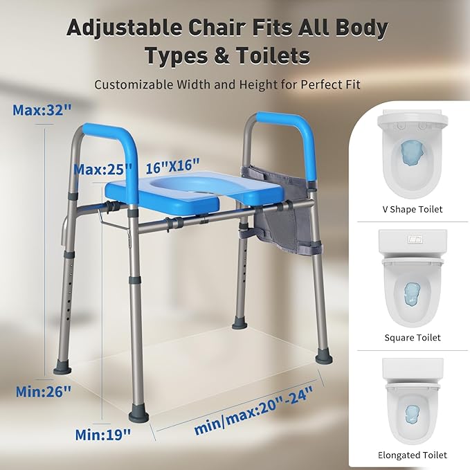 WHLICKS 500lbs Toilet Seat Risers with Handles, Padded Raised Toilet Seat for Seniors, Adjustable Height Toilet Riser, Handicap Elevated Seat, Fit Any Toilet, Blue