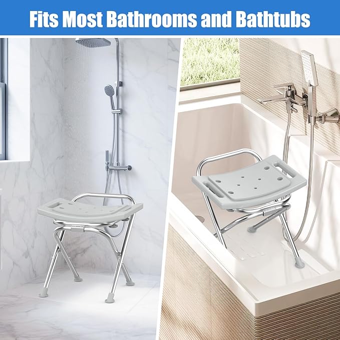 Folding Shower Chair Seat, 17.5" Stainless Steel Small Shower Chair for Inside Shower with Pad, 400lbs Portable Travel Shower Stool, Safety Anti-Slip Bath Chair for Seniors, Disabled, Gray