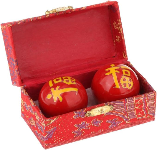 2 Pieces Hand Massage Balls, Chinese Exercise Handballs with Storage Box, Compact Relaxation, Chinese Baoding Balls, for Kids Seniors, Fu Word Red