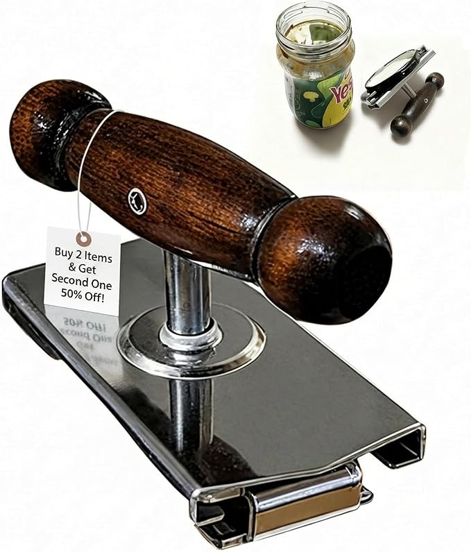Heavy-Duty Cap Crack Jar Opener for Senior & Weak Hand - Strong Grip Oak Wood Handle & 304 Stainless Steel, Adjustable Manual Leverage Lid Remover for 1.5"-4" Jars [Clamp on Lid to Open]