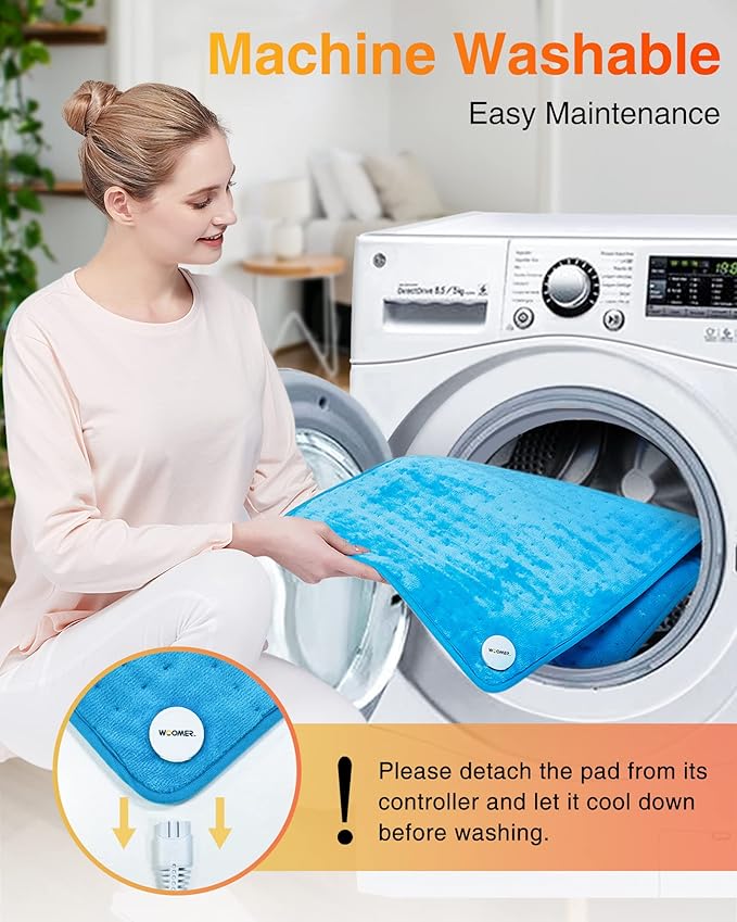 WOOMER Extra Large Heating Pad, 17"x33" XL Heating Pad, Heat Pad with Multi-Color Option, Moist Heat Therapy Feature, Auto Shut-Off, Power Cords Storage Belt, Blue