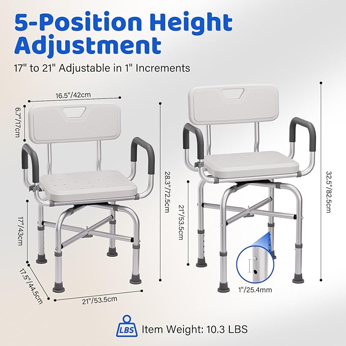 360° Swivel Shower Chair for Inside Shower,500lbs Swivel Shower Chair with Arms andBack, Adjustable Height Shower Chair forElderly and Disabled with Stable Non-SlipDesign Bathroom Tub Stool