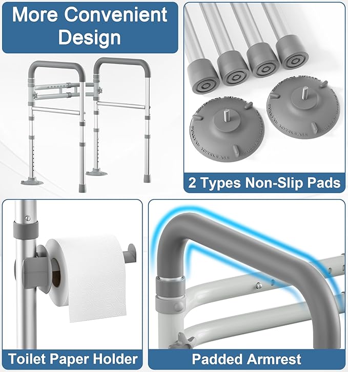 Toilet Safety Rails for Seniors (350 LBS), Adjustable Toilet Safety Frame for Elderly and Disabled, Foldable Handicap Toilet Assistance Rail Fits Most Toilets, Gray