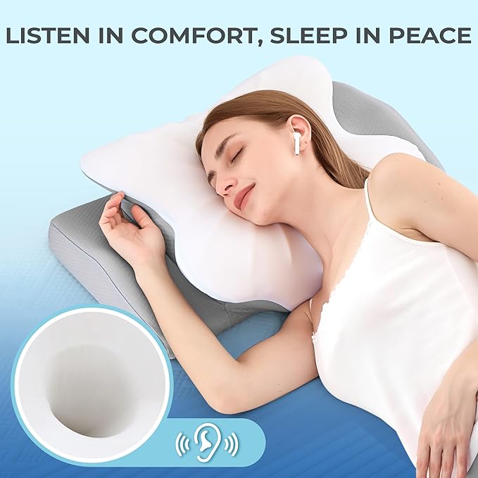 BDEUS Cervical Pillow for Side Sleepers, Neck Pillow for Sleeping, Memory Foam Ergonomic Pillow for Neck Pain Relief, Butterfly Contour with Arm Grooves, Dual Height Cooling Washable Cover, White