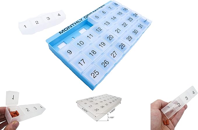 Monthly Pill Organizer | 31 compartments, 1 per Day, 4 Week Full Month 31 Day Pill Organizer | Includes Tray and 8 Removable compartments