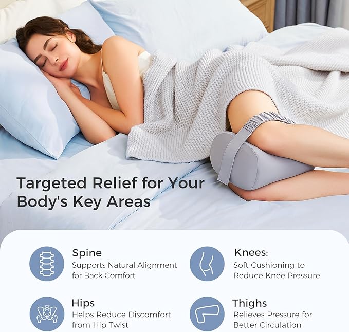 Momcozy Knee Pillow for Side Sleepers, Soft Memory Foam & Pinch-Free Design, Relieve Knee, Leg and Sciatica Pain, Adjustable Elastic Strap Ideal for Pregnant Women and Seniors, Cooling Cover, Gray