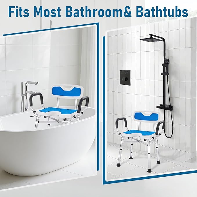 Shower Chair for Elderly and Disabled: U-Shape Shower Seat with Non-Slip Silicon Pad for Bariatric with Arms & Back, Height Adjust & 500lbs Heavy Duty Shower Chair for Inside Shower