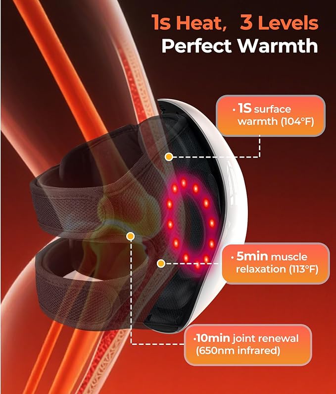 World's First 360° Knee Massager with 1-Second Heat - Cordless Red Light Therapy for Joint Comfort, 3 Intensity Levels, Perfect for Athletes, Seniors & Active Adults