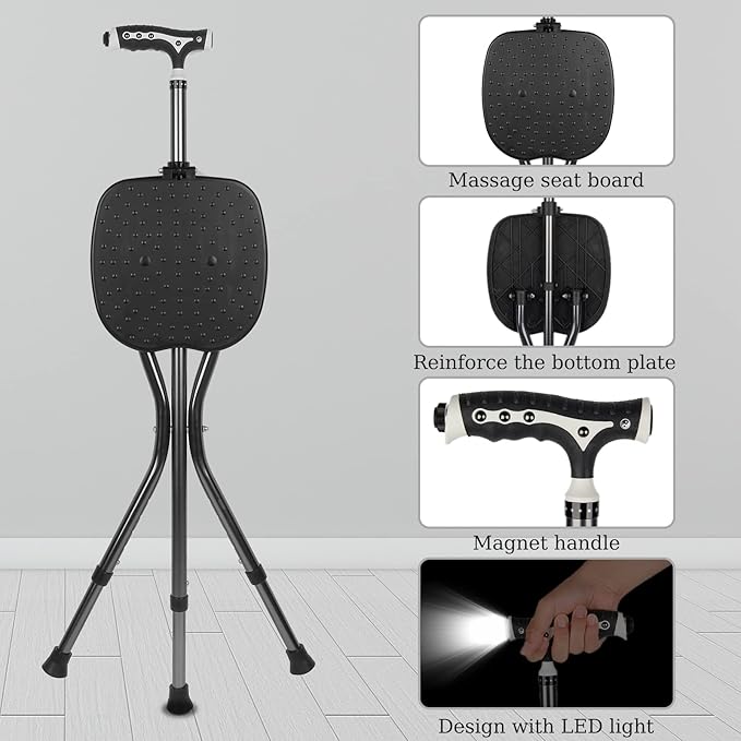 Yayayo Hold 440 lbs Folding Canes with Seat Walking Stick Height Adjustment Cane Seat Capacity Frosted Handle with Magnetic Therapy Stone Crutches Stool