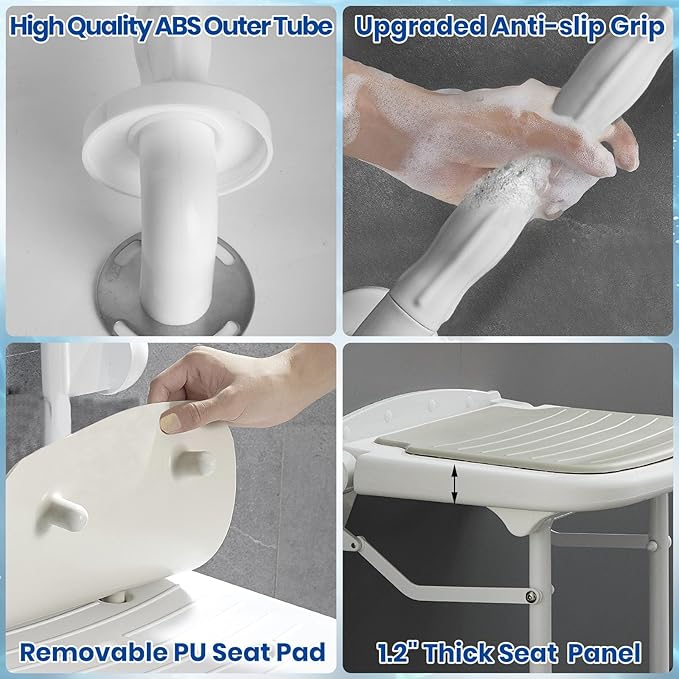 Wall Mounted Shower Seats with Bathroom Grab Bar(FSÄ/HSÄ), Support 550lbs, Adjustable Height Fold Down Shower Seat Wall Mounted Folding Shower Bench for Elderly-Adults-Pregnants-Seniors-Disabled