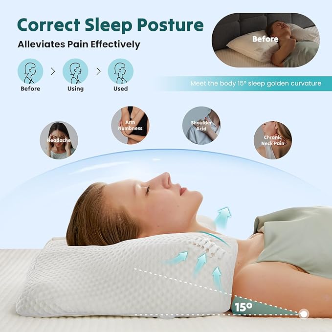 DUMOS Cervical Neck Pillow, Cooling Ergonomic Memory Foam Pillows for Neck Pain Relief with Breathable Pillowcase, Dual Height Orthopedic Support Contour Pillow for Side, Stomach Sleepers, White