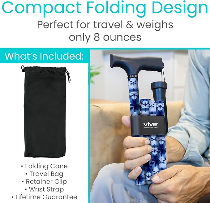 Vive Folding Cane - Foldable Walking Cane for Men, Women - Fold-up, Collapsible, Lightweight, Adjustable, Portable Hand Walking Stick - Balancing Mobility Aid - Sleek, Comfortable