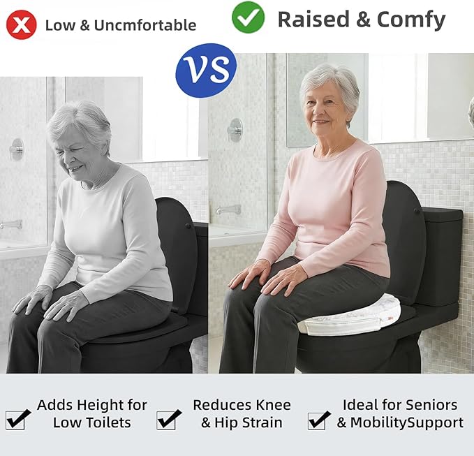Toilet Seat Riser Cushion, 2 Inch Soft Padded Toilet Seat Cushion for Seniors, Plush Top with Easy-Clean Leather Cover, Adds Comfort and Height for Low Toilets, Mobility Support