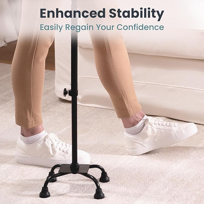 PELEGON Quad Cane (300LB) - Adjustable Walking Cane with A Large 4 Pronged Base for Extra Balance & Stability, Walking Canes for Seniors, Walking Cane for Men & Women, Walking Sticks