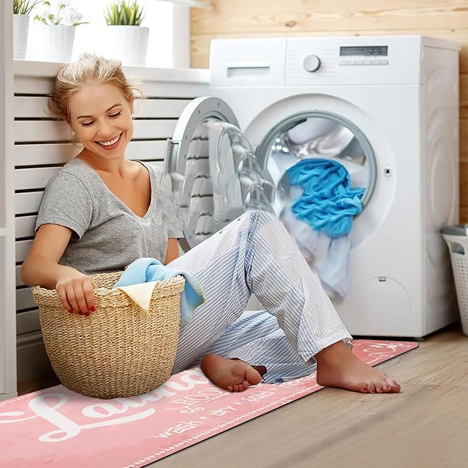 XLHOMO Laundry Room Rug Runner, 17"x60" Non Slip Pink Nappa Leather Laundry Rugs, Farmhouse Washable Floor Laundry Mats for Laundry Room, Kitchen, Washroom, Bathroom, Mudroom, Hallway Entryway Decor