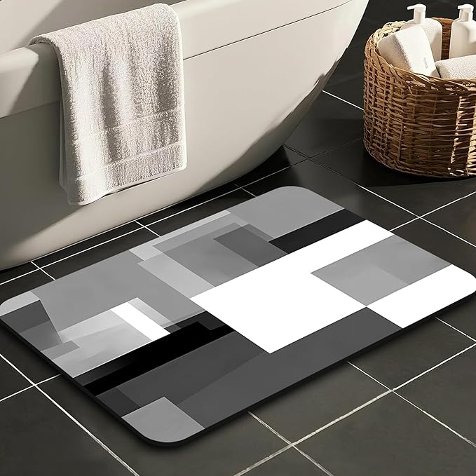 Quick Dry Bath Mat for Bathroom,Super Absorbent Black and Gray Welcome Bath Rug Non-Slip Rubber,Machine Washable Bathroom Floor Mat for Shower, Tub, Sink Area Abstract Art Painting 16x24