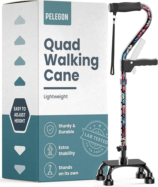 PELEGON Quad Cane (300LB) - Adjustable Walking Cane with A Large 4 Pronged Base for Extra Balance & Stability, Walking Canes for Seniors, Walking Cane for Men & Women, Walking Sticks
