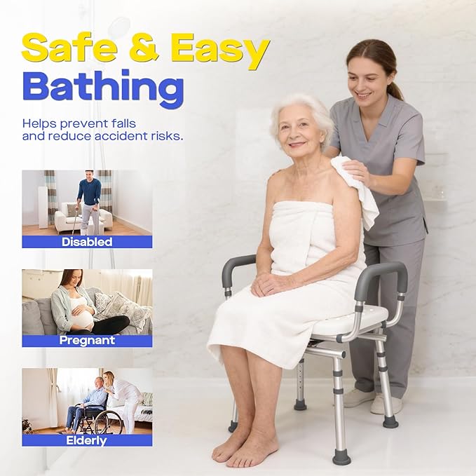 360° Swivel Shower Chair with Arms, Heavy-Duty Shower Stool for Inside Shower Stall and Tub, Safety Height Adjustable Shower Seat for Elderly and Disabled