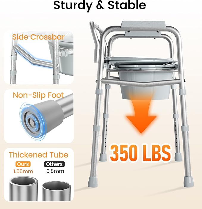 SOUNDFUSE 3 in 1 Bedside Commode Chair, Sturdy Dual-Crossbar Support, 350 Lbs Weight Capacity, Bedside Commode for Seniors with 7.5Qt Bucket, Portable Potty Chair for Adults, Silver