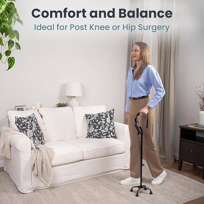 PELEGON Quad Cane (300LB) - Adjustable Walking Cane with A Large 4 Pronged Base for Extra Balance & Stability, Walking Canes for Seniors, Walking Cane for Men & Women, Walking Sticks