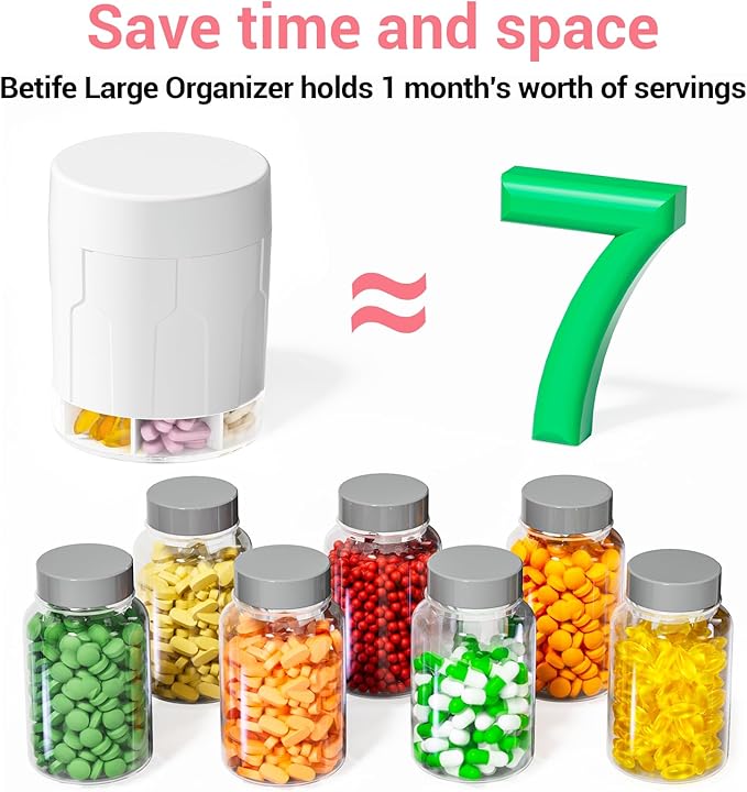 Betife Extra Large Supplement Organizer,Weekly Pill Organizer Bottle, Daily Pill Dispenser with 7 Large Compartments, Organizer to Hold 7 Day Vitamin Medication,21 Labels and a Cleaning Brush（White）