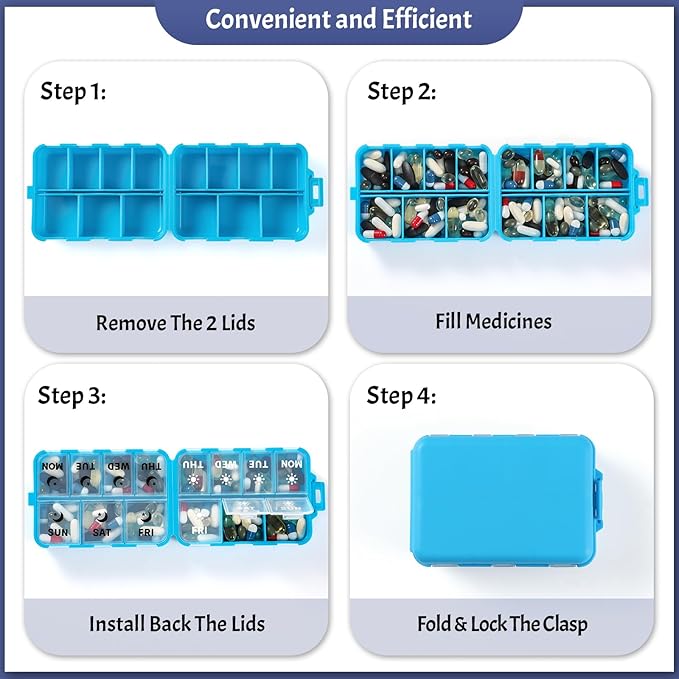 Foldable & Portable Weekly Pill Organizer 2 Times a Day with Clear Printed Labels - 7 Day AM PM Medicine Box, Week Daily Travel Pill Meds Case Holder for Medications, Vitamin, Supplement - Blue