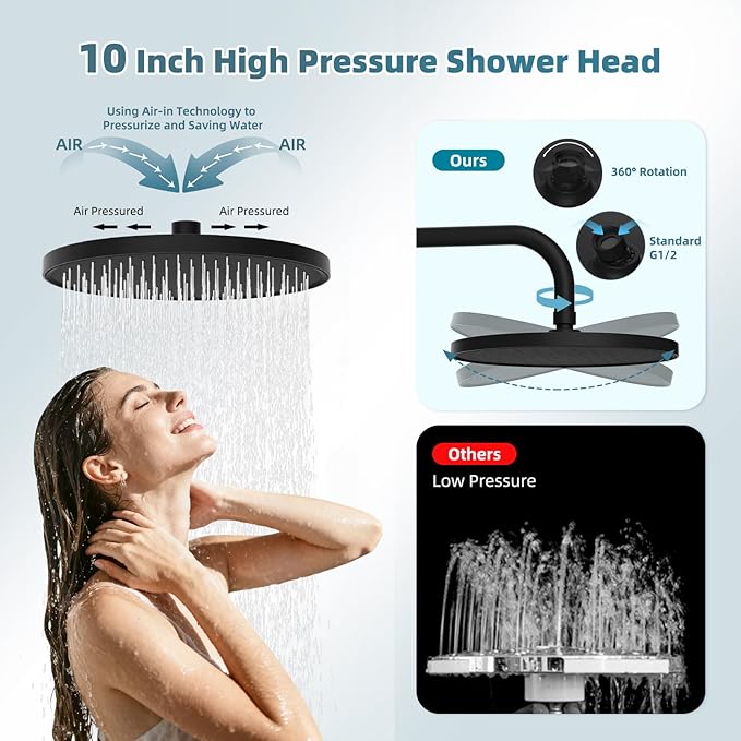Hibbent Upgraded cUPC Certified Self-cleaning Shower Head Combo, High Pressure 10'' Rain Showerhead with 3-Spray Handheld, All Metal Arm with Easy Reach 4-way Diverter, 71" Hose & Holder, Matte Black
