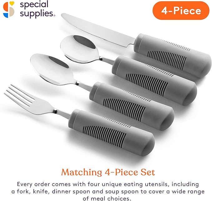 Special Supplies Adaptive Utensils (4-Piece Kitchen Set) Weighted, Non-Slip Handles for Hand Tremors, Arthritis, Parkinson’s Elderly use - Stainless Steel Knife, Fork, Spoons (Grey)