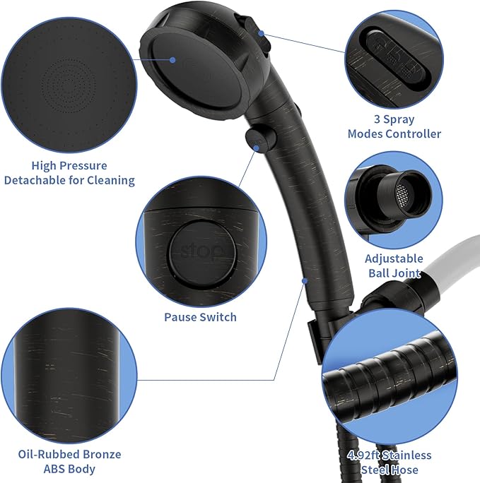 SINGSUO High Pressure Handheld Shower Head with On Off Switch, Detachable Shower Head, 3 Spray Modes Shower Massager Handheld with Hose and Adjustable Angle Bracket (Oil Rubbed Bronze)