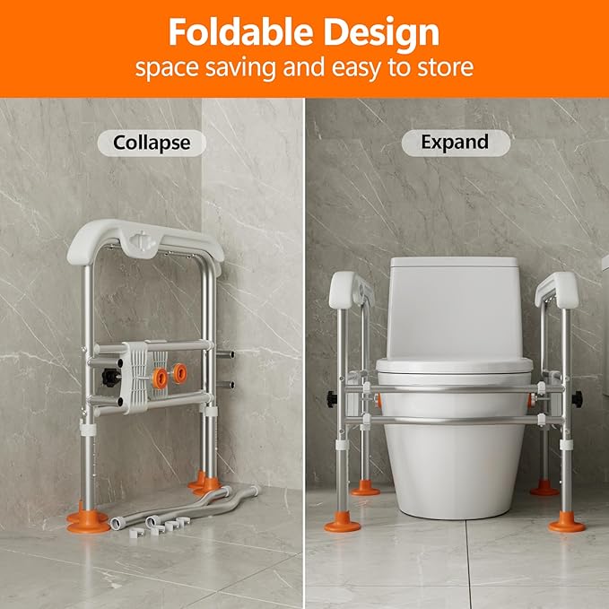 Heavy Duty Toilet Safety Rails for Seniors (665lbs), Adjustable LED Toilet Safety Frame with Handles for Elderly, Foldable Handicap Toilet Aid Support for Most Toilets, Stand Up Assist