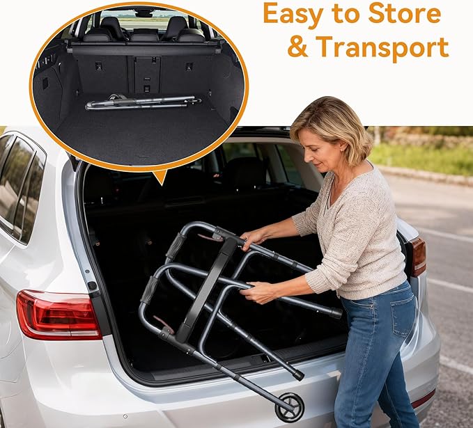 Folding Walker for Seniors, Rolling Walker with 8 Height Adjustments, One-Hand Folding, 300lbs Capacity, Lightweight Aluminum Front Wheel Walker for Elderly Adults and Handicap