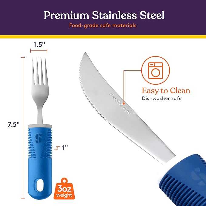 Special Supplies Adaptive Utensils (5-Piece Kitchen Set) Wide, Non-Weighted, Non-Slip Handles for Hand Tremors, Arthritis, Parkinson’s or Elderly Use - Stainless Steel (Blue)