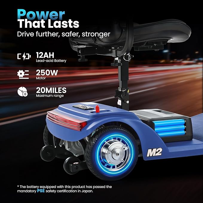 Mobility Scooter for Seniors and Adults M2 Blue,USB Port for 20 Miles Long Range Foldable Electric Scooter,260W Motor,330 LBS Heavy Duty Capacity,Portable and Lightweight for Travel