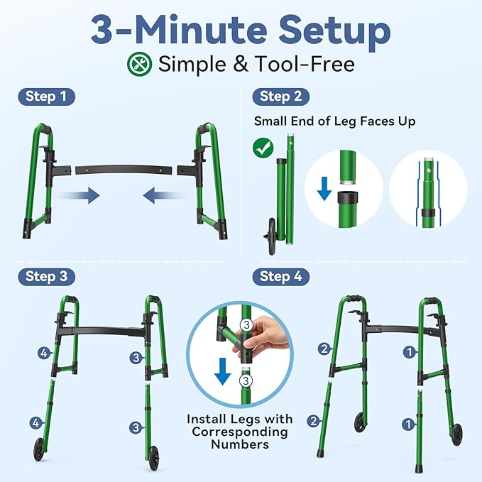 Loyoda Folding Walker with 2 Skis and 5" Wheels, Lightweight Walkers for Seniors and Adults, Supports Up to 350 Pounds, Adjustable Height, Compact Standard Walker, Green