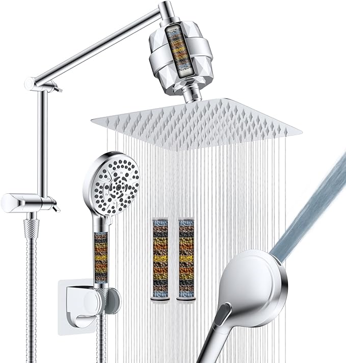 iFealClear Metal Rain Filtered Shower Head, 10” High Pressure Rainfall Shower Head with Handheld Spray, 5“ Handheld Powerful Wash 10-Mode, 16" Adjustable Extension Arm, 20-Stage Shower Filters, Chrome