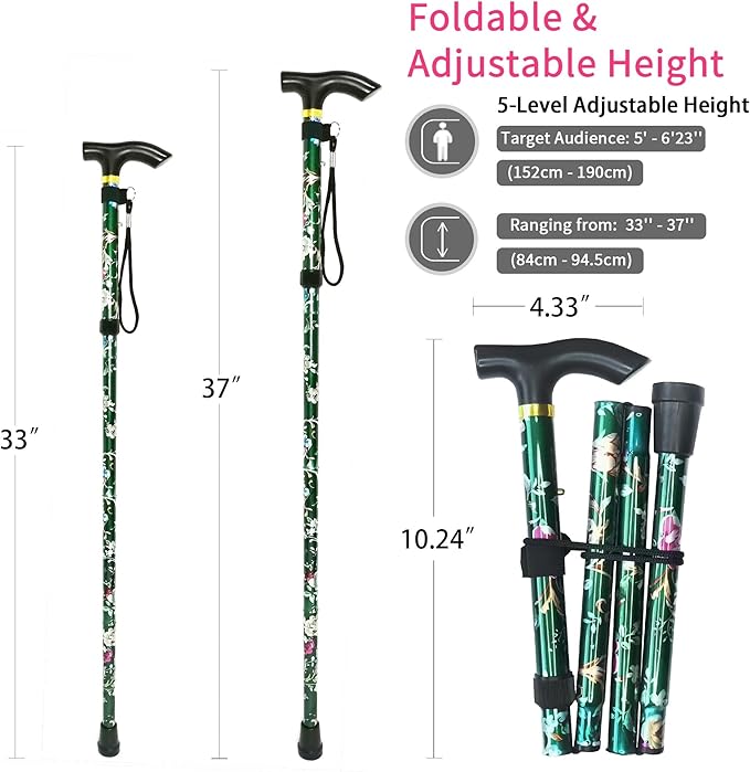 Folding Cane, 5-Level Adjustable Height Lightweight Portable Foldable Walking Canes with Wrist Strap and T Handle for Men Women Seniors