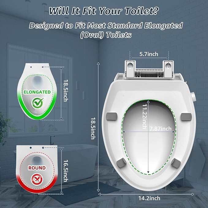 Raised Elongated Bidet Toilet Seat 18.5", Soft Close Lid, Dual Self-Cleaning Nozzles, Quick Release, Heavy-Duty PP, Stable & No Loosening, Ideal for Seniors & Limited Mobility, White