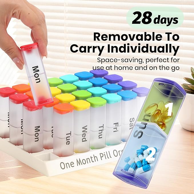 CAidRE Monthly Pill Organizer 2 Times a Day - 28 Day Pill Box AM PM, Clear One Month Pill Case for Vitamins, Supplements, Medications - Daily Medicine Organizer for Home & Travel