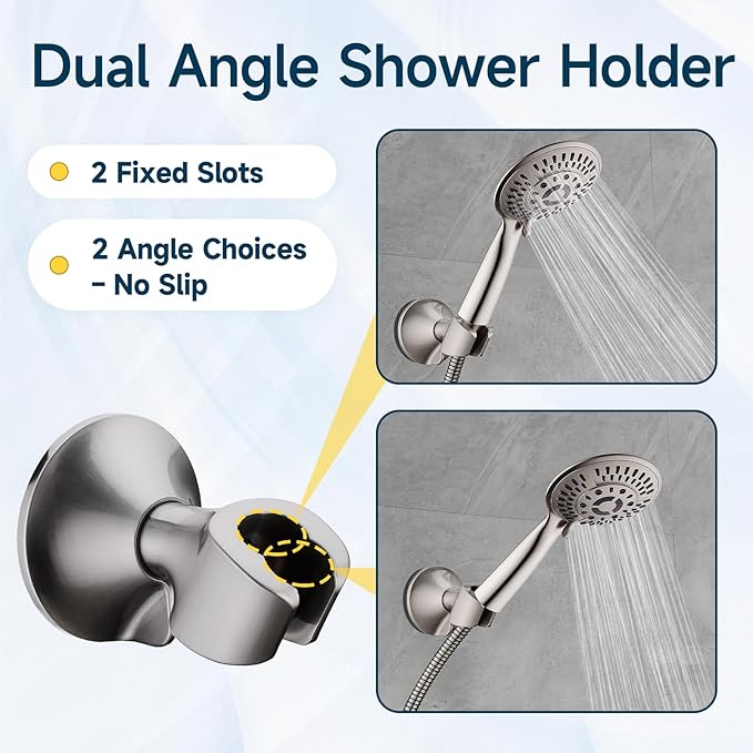 BRIGHT SHOWERS Handheld Shower Head Holder with Dual Angle Positions, Wall Suction Bracket Includes Adhesive 3M Disc, No Tools Required and Easy Installation, Brushed Nickel Finish
