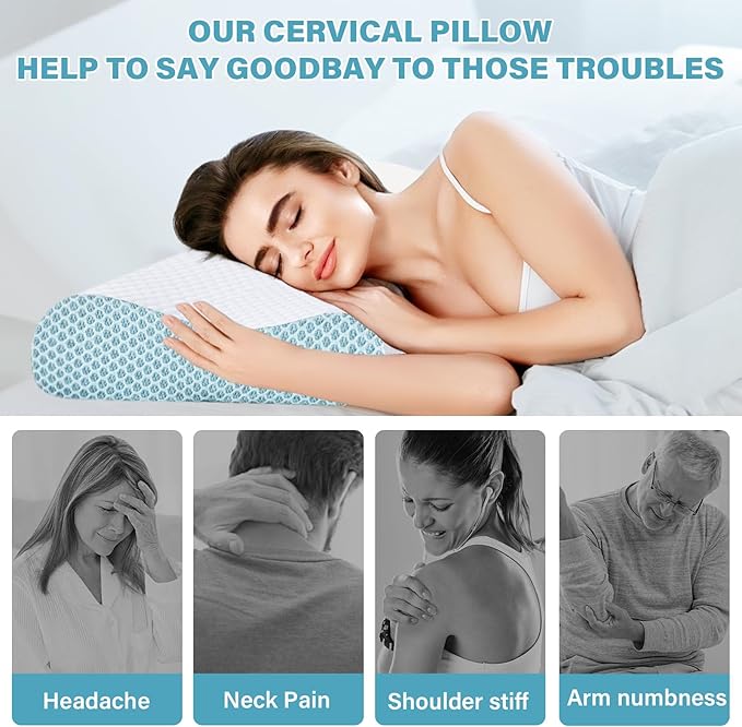 Cooling Pillows Queen Size Set of 2, Memory Foam Bed Pillows for Sleeping, Ergonomic Cervical Pillow for Neck and Shoulder Pain Relief, with Pillowcase,2 Pack